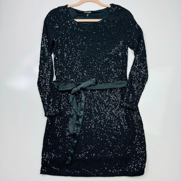 Express Long Sleeve Sequin Mini Dress with‎ Removable Satin Sash Size XS - Picture 3 of 11